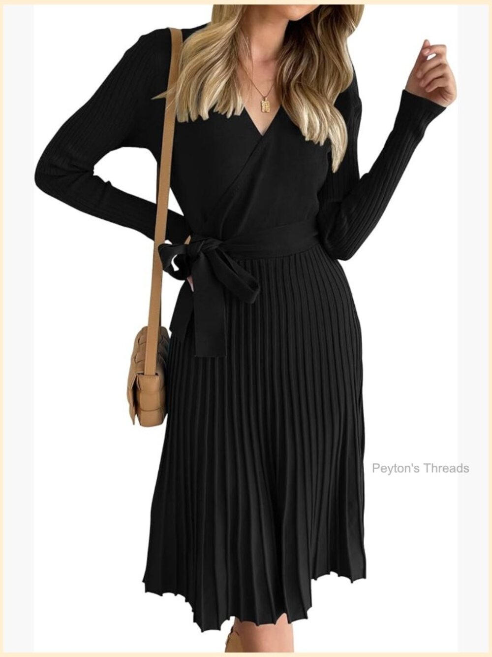 Wrap V Neck Ribbed Knit Pleated Pullover Sweater Dress with Belt